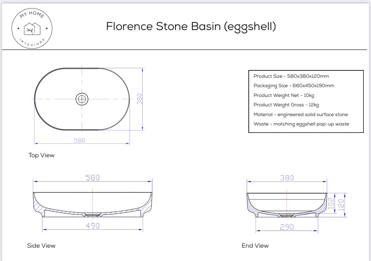 Florence Stone Top Mount Basin - Egg Shell
