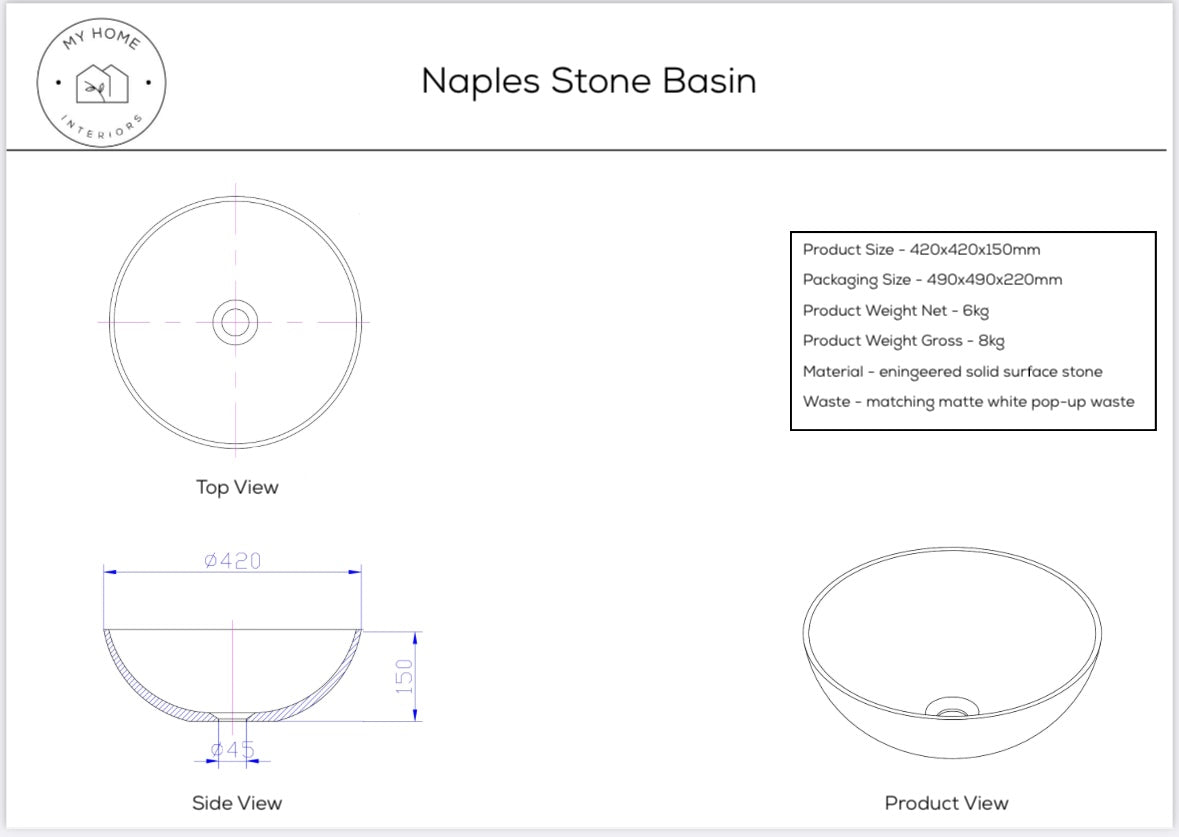 Naples Stone Top Mount Basin - Matte White