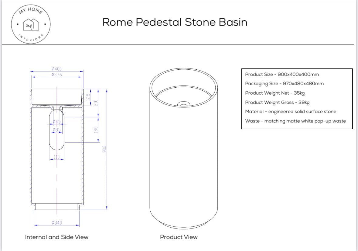 Rome Stone Pedestal Basin - Matte White