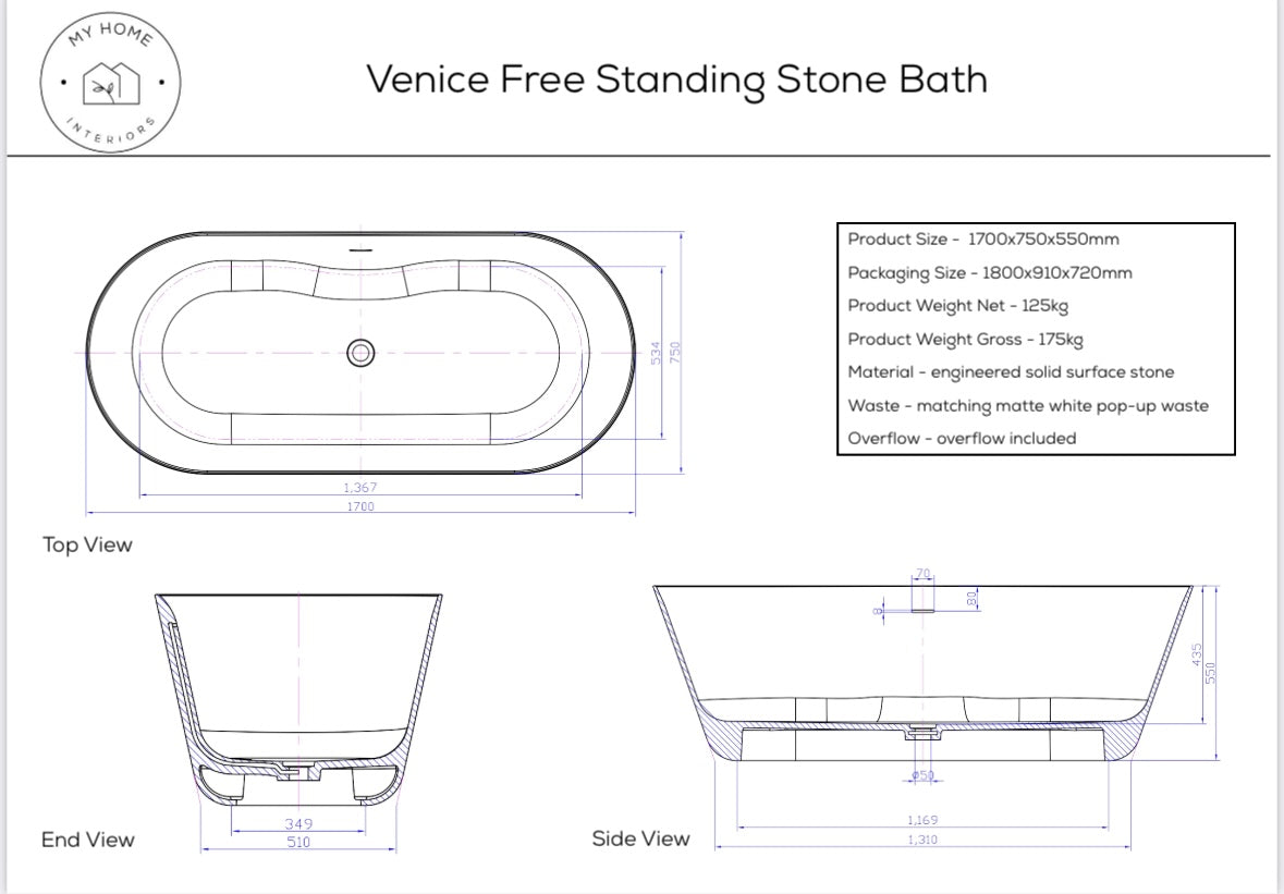 Venice Stone Freestanding Bath - Matte White - 1700