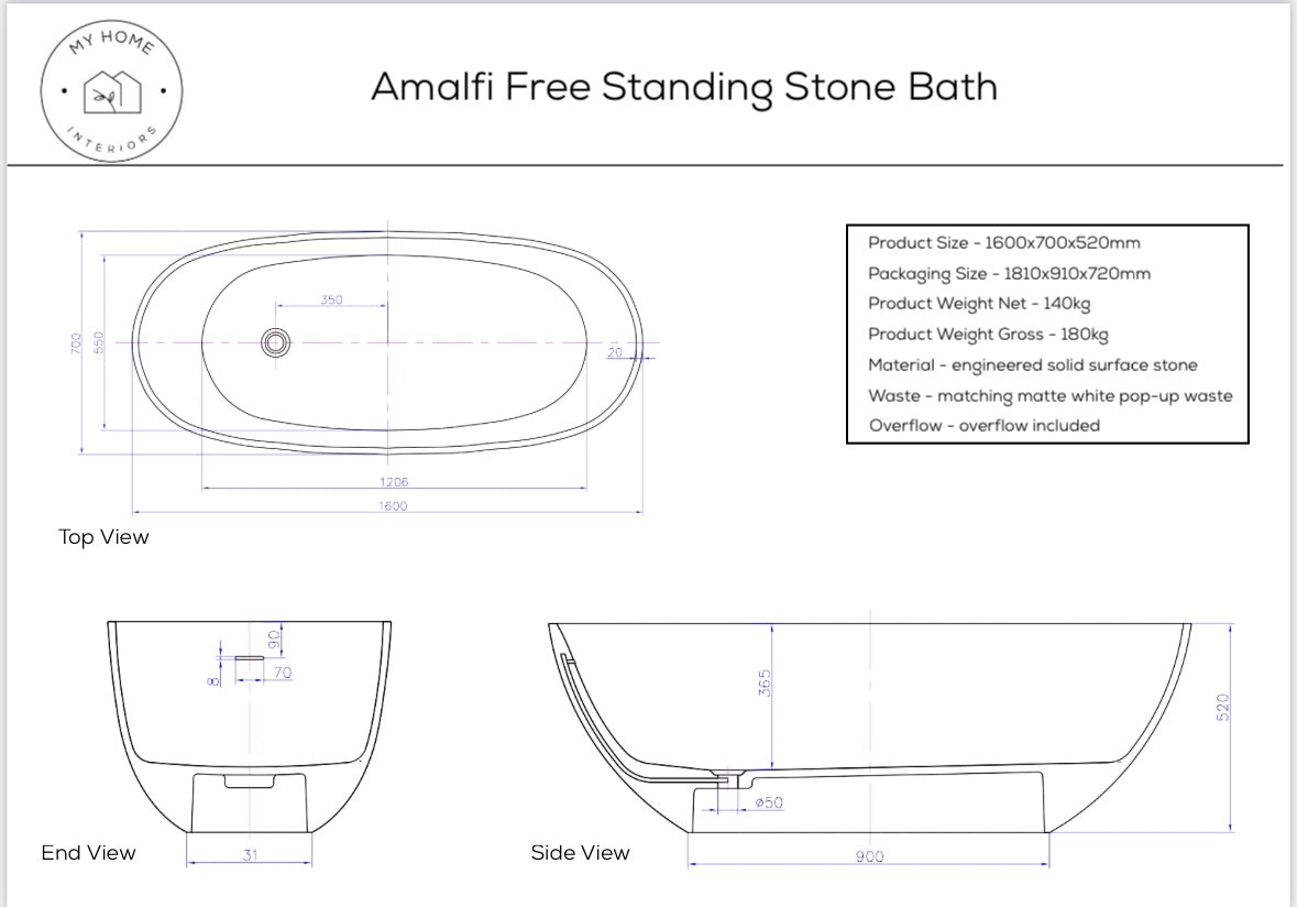 Amalfi Stone Freestanding Bath - Matte White - 1600