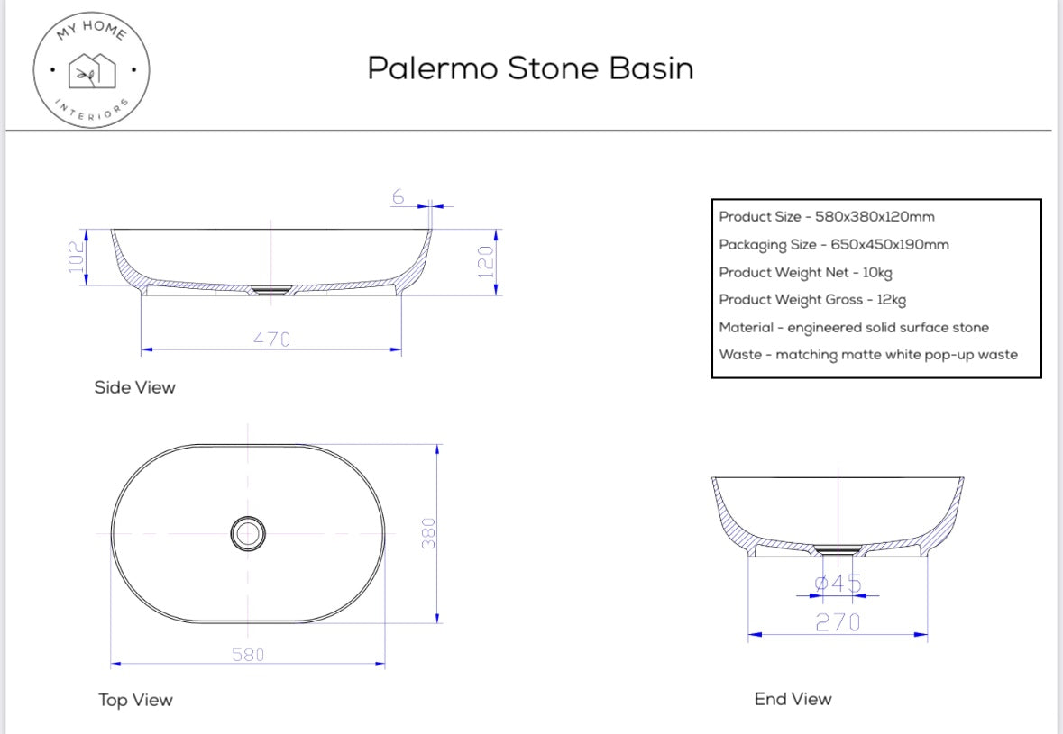 Palermo Stone Top Mount Basin - Matte White