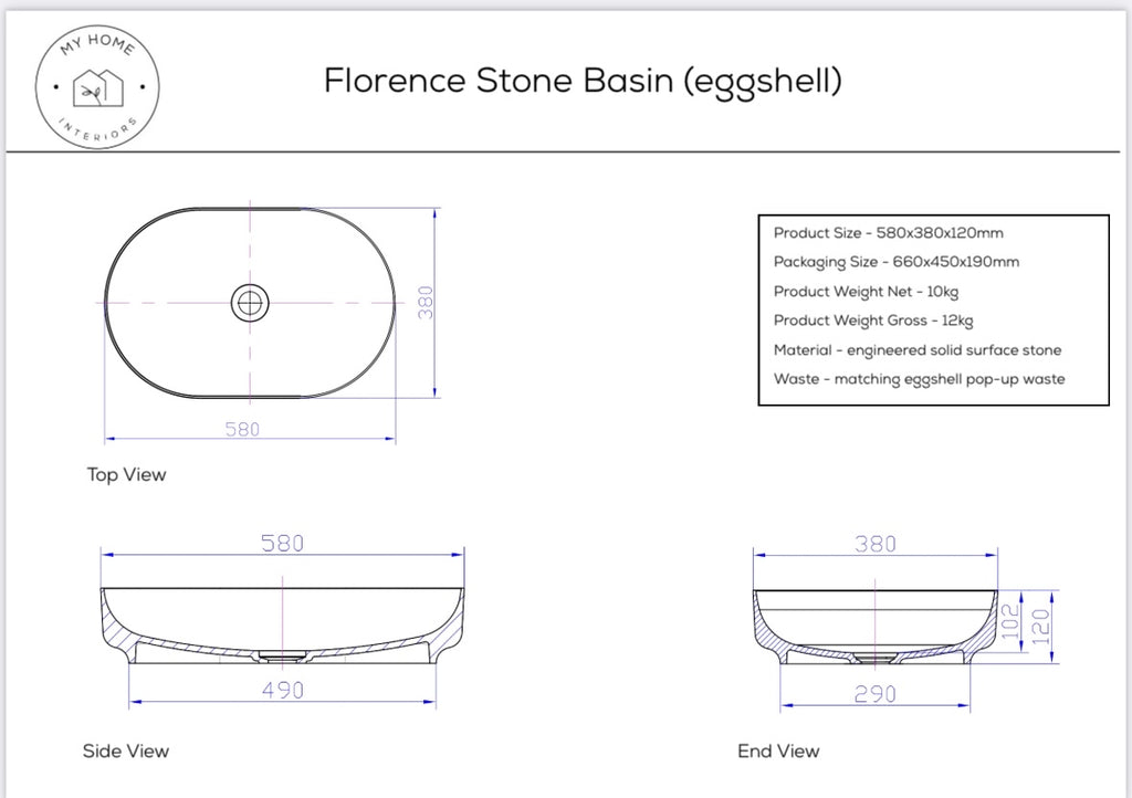 Florence Stone Top Mount Basin - Egg Shell