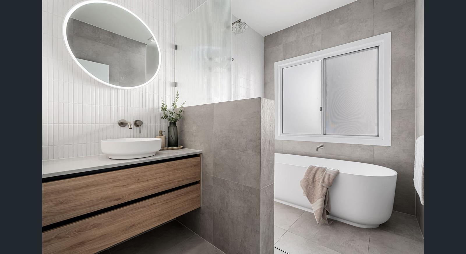 Puglia Round Mirror with Matte White Stone Frame and LED Light