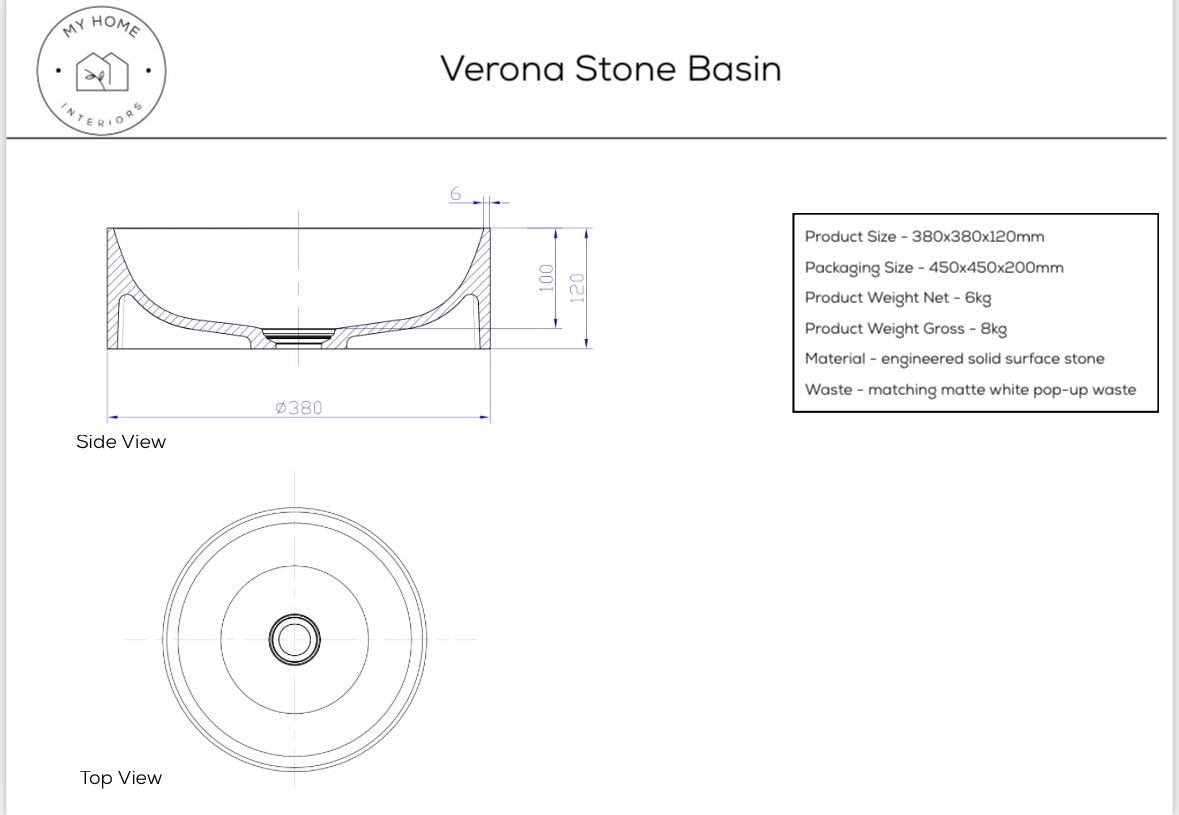 Verona Stone Top Mount Basin - Matte White