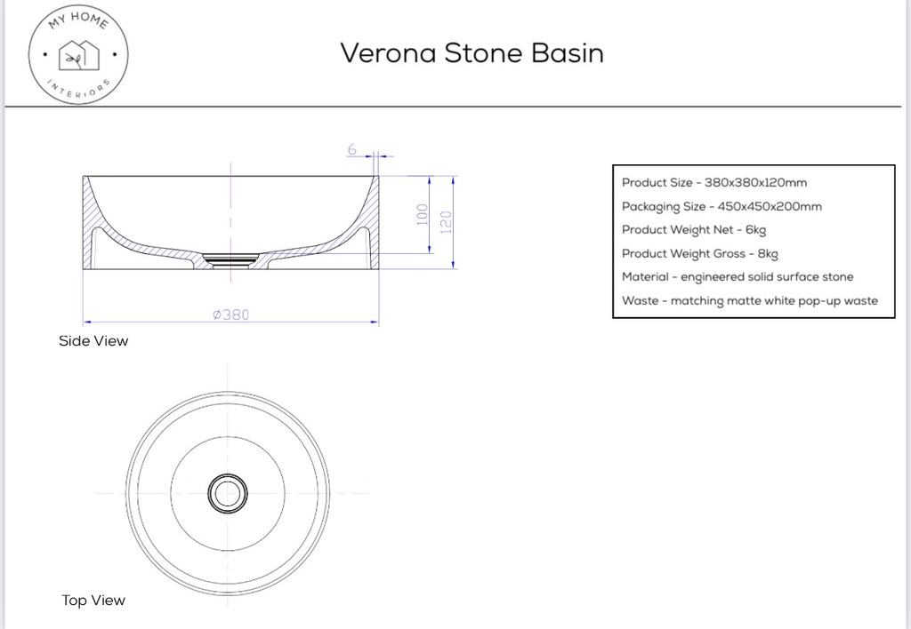 Verona Stone Top Mount Basin - Matte White