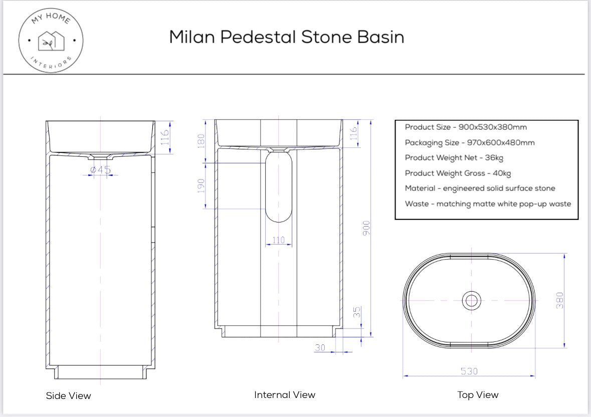 Milan Stone Pedestal Basin - Matte White