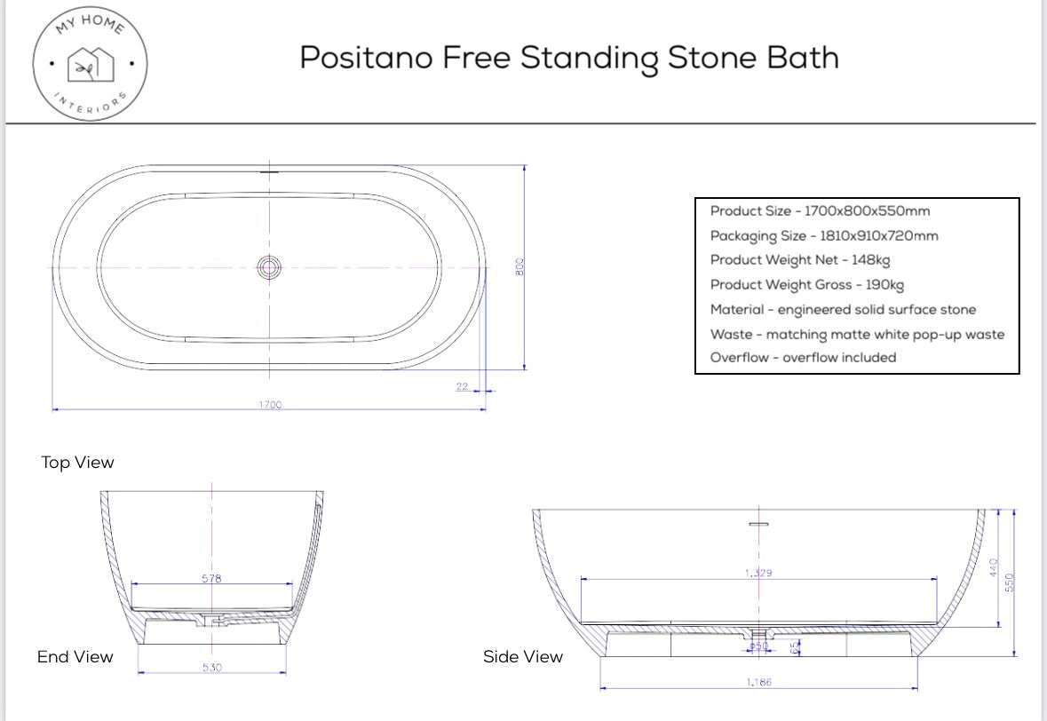 Positano Stone Freestanding Bath - Matte White - 1700