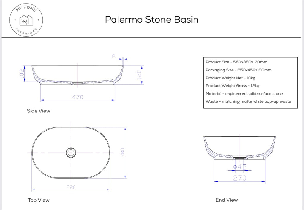 Palermo Stone Top Mount Basin - Matte White