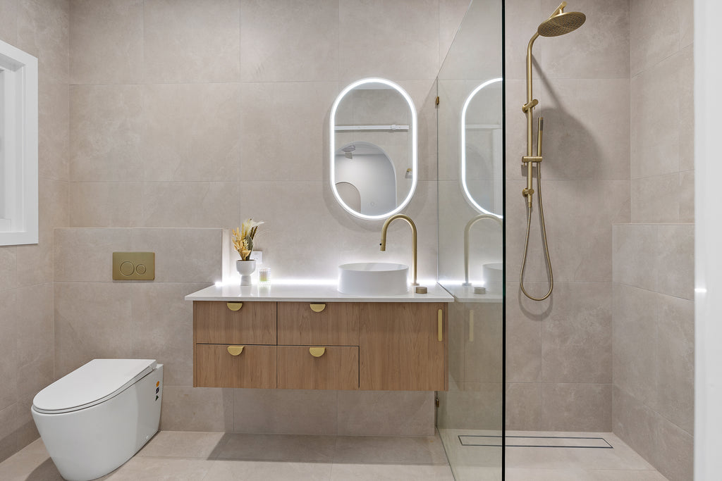 Pisa Oval Mirror with Matte White Stone Frame and LED Light