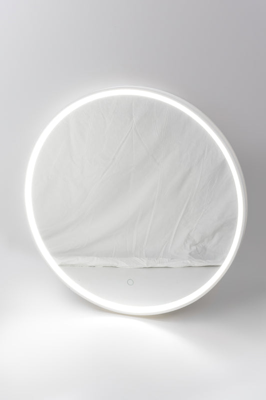 Puglia Round Mirror with Matte White Stone Frame and LED Light
