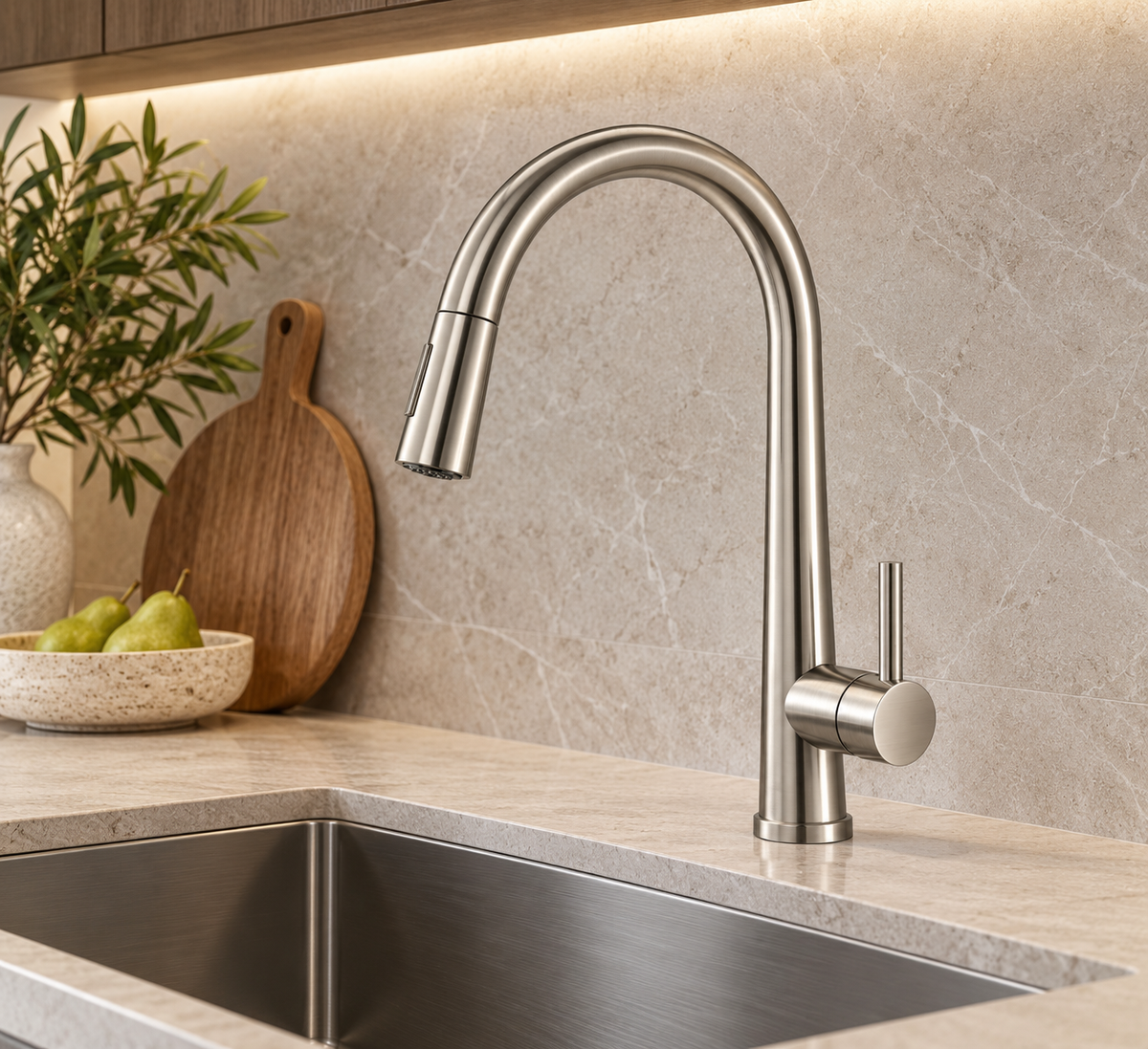 Pull Out Bench Mounted Kitchen Mixer – Brushed Nickel