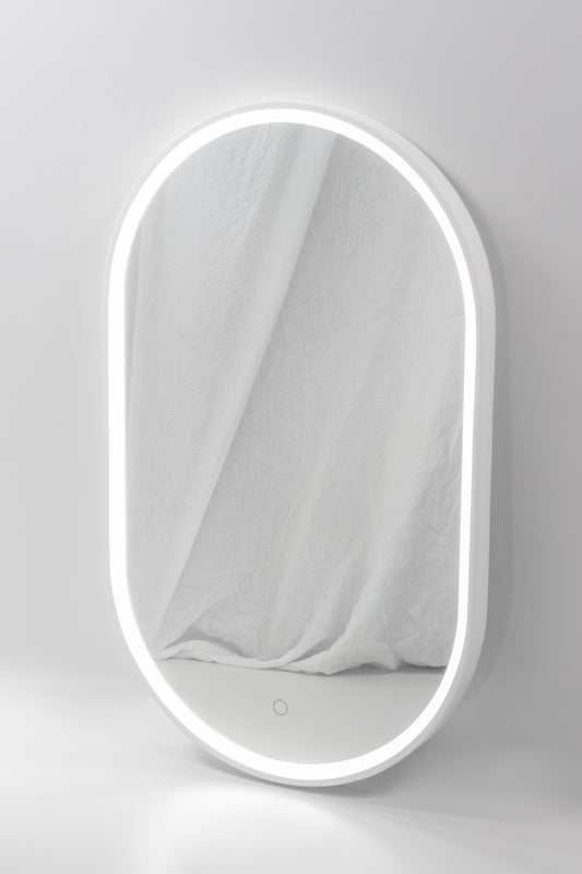 Pisa Oval Mirror with Matte White Stone Frame and LED Light