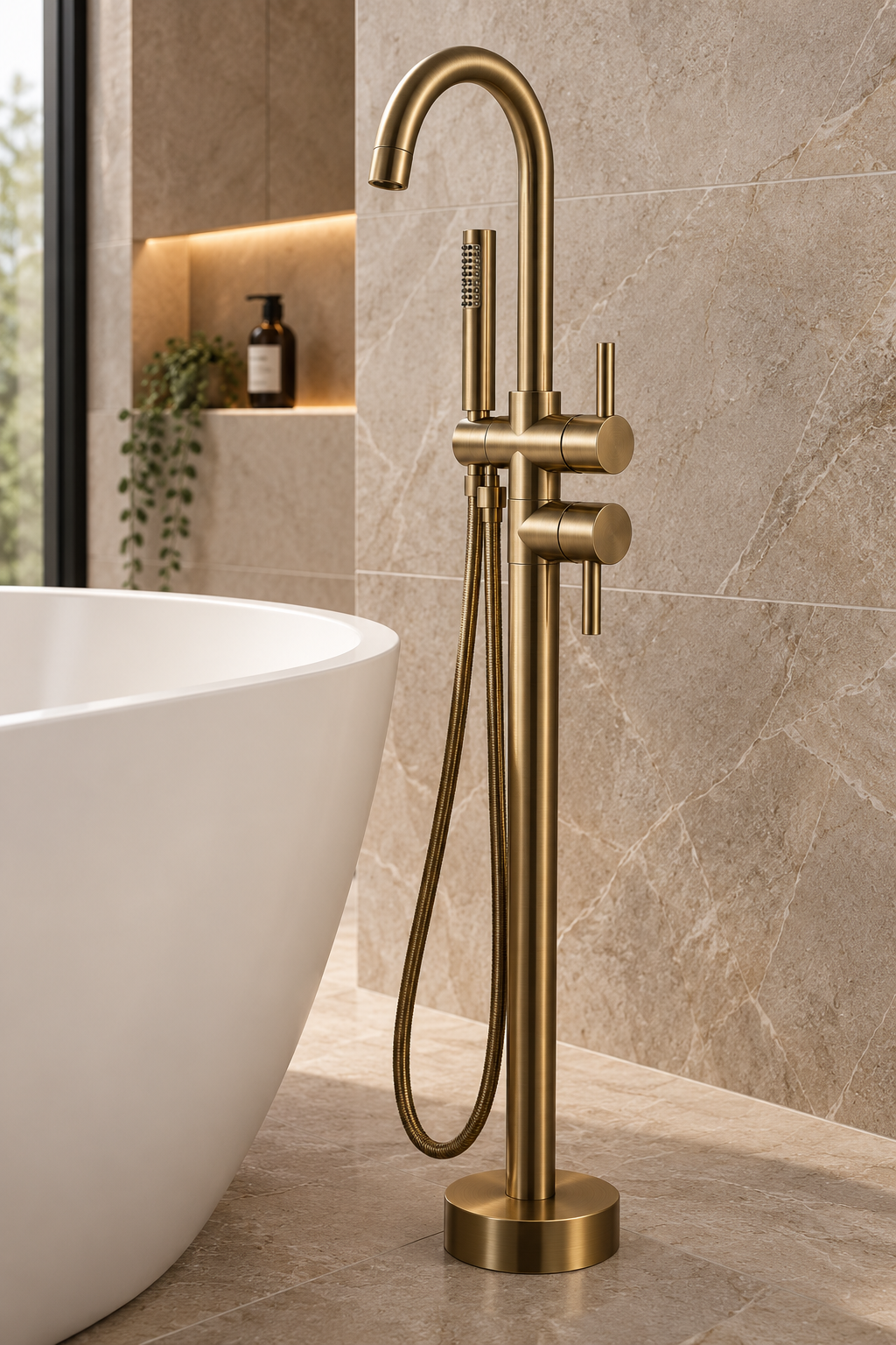 Freestanding Bath Mixer with Hand Shower – Antique Brass